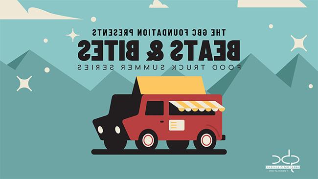 Illustrated food truck sitting in front of mountains with the 澳门新甫京娱乐游戏在线下载 logo and information about Beats & 文本中的咬痕